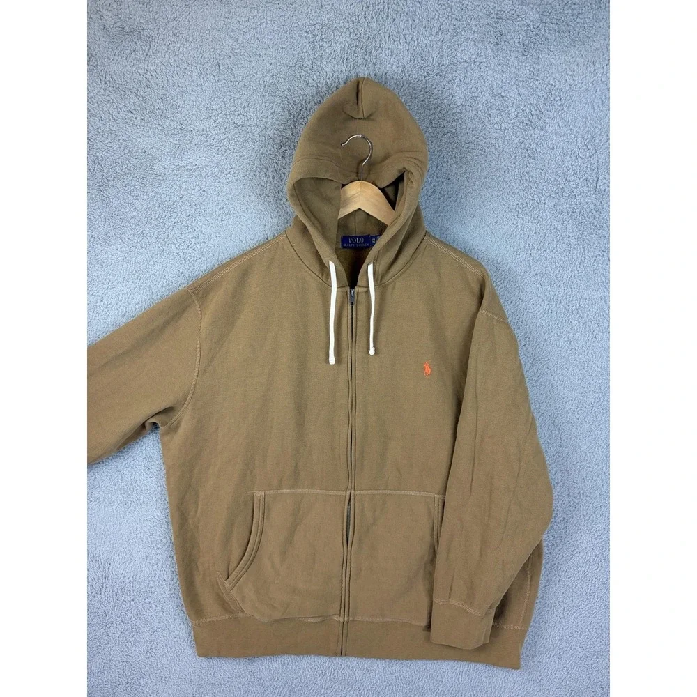 Polo Ralph Lauren Hoodie Mens 2XB Brown Full Zip Fleece Sweatshirt Pony Jacket